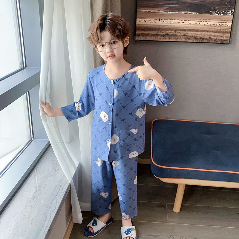 儿童棉绸睡衣薄款男童小孩绵绸夏季天空调家居服中大童方格熊套装