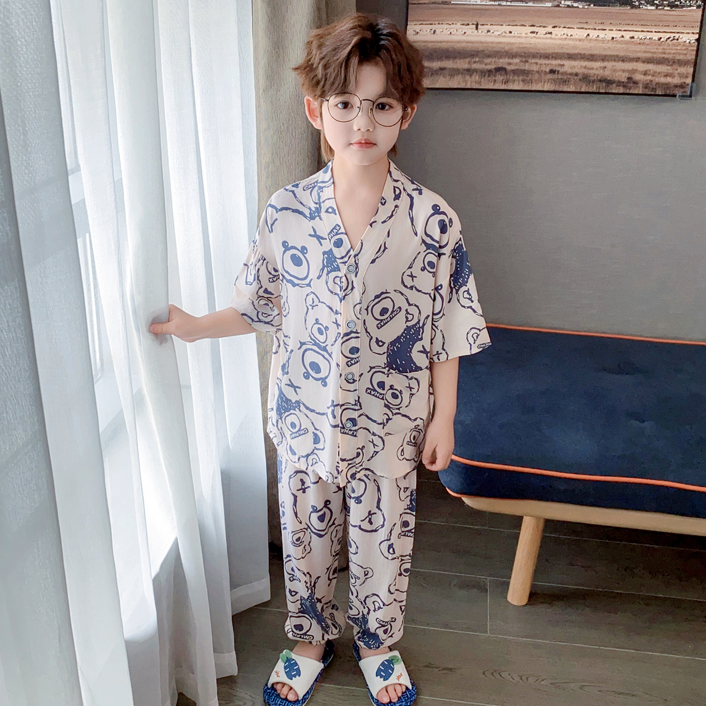儿童棉绸睡衣薄款男童小孩绵绸夏季家居服中大童2025新款宝宝套装