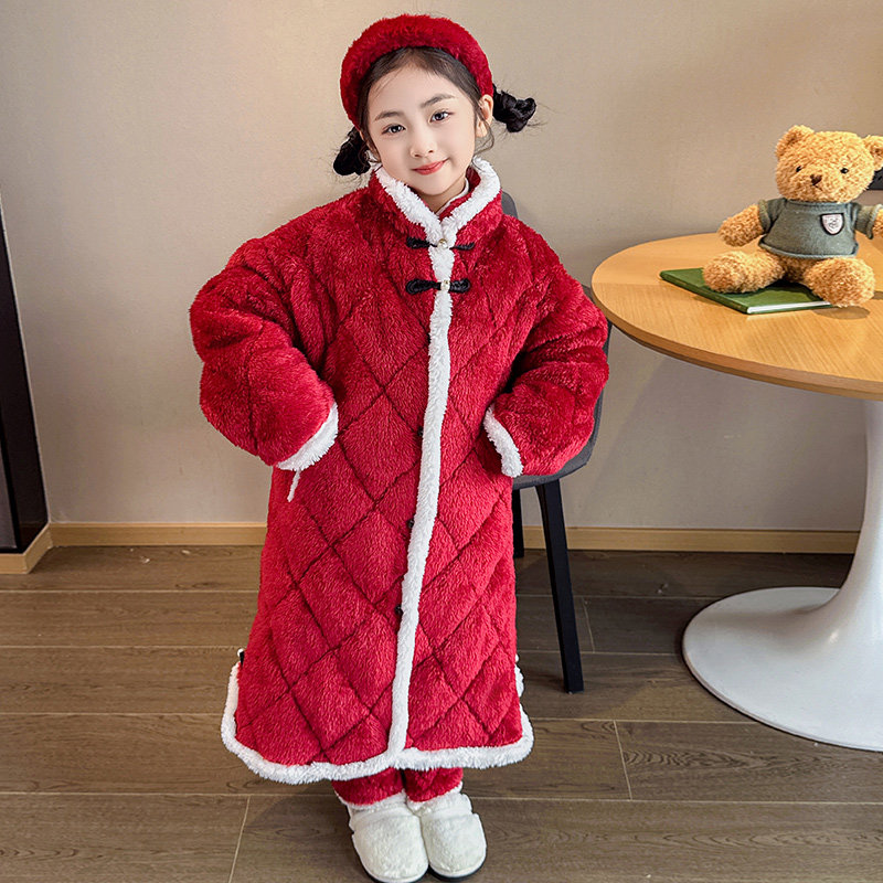 儿童睡袍睡衣套装冬季加厚款三层夹棉女童小孩珊瑚绒法兰绒家居服