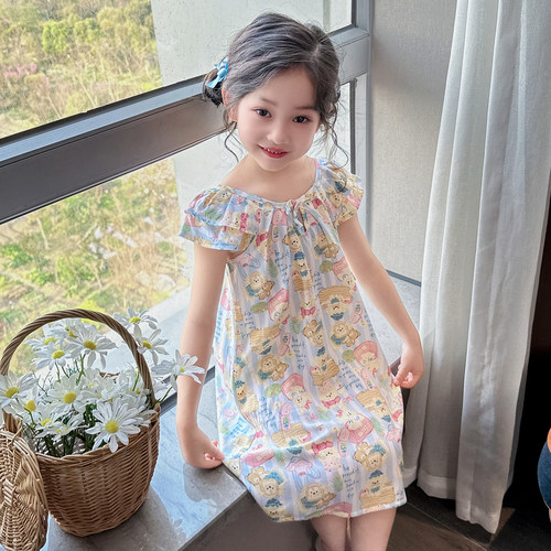 女童睡裙绵绸夏季棉绸儿童薄款短袖宝宝小孩吊带睡衣宠物园家居服