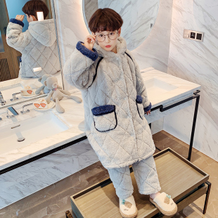 儿童睡衣秋冬季加厚款男童孩珊瑚绒三层夹棉灰色法兰绒保暖家居服