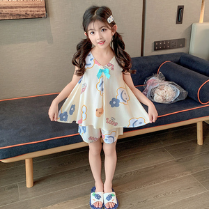 女童睡衣夏季薄款绵绸棉绸无袖小孩中大儿童开心熊空调家居服套装