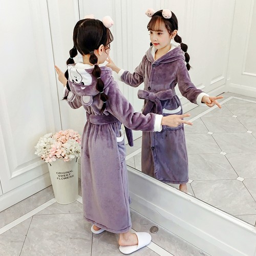 秋冬季加长款女孩连帽小熊睡袍