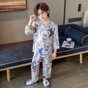 儿童棉绸睡衣薄款男童小孩绵绸夏季天空调家居服中大童涂鸦熊套装