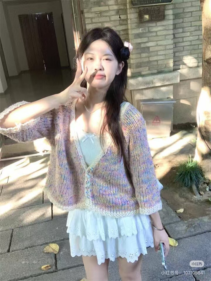 复古彩点中古风混纺短款长袖针织开衫宽松外套女秋款上衣活力青春