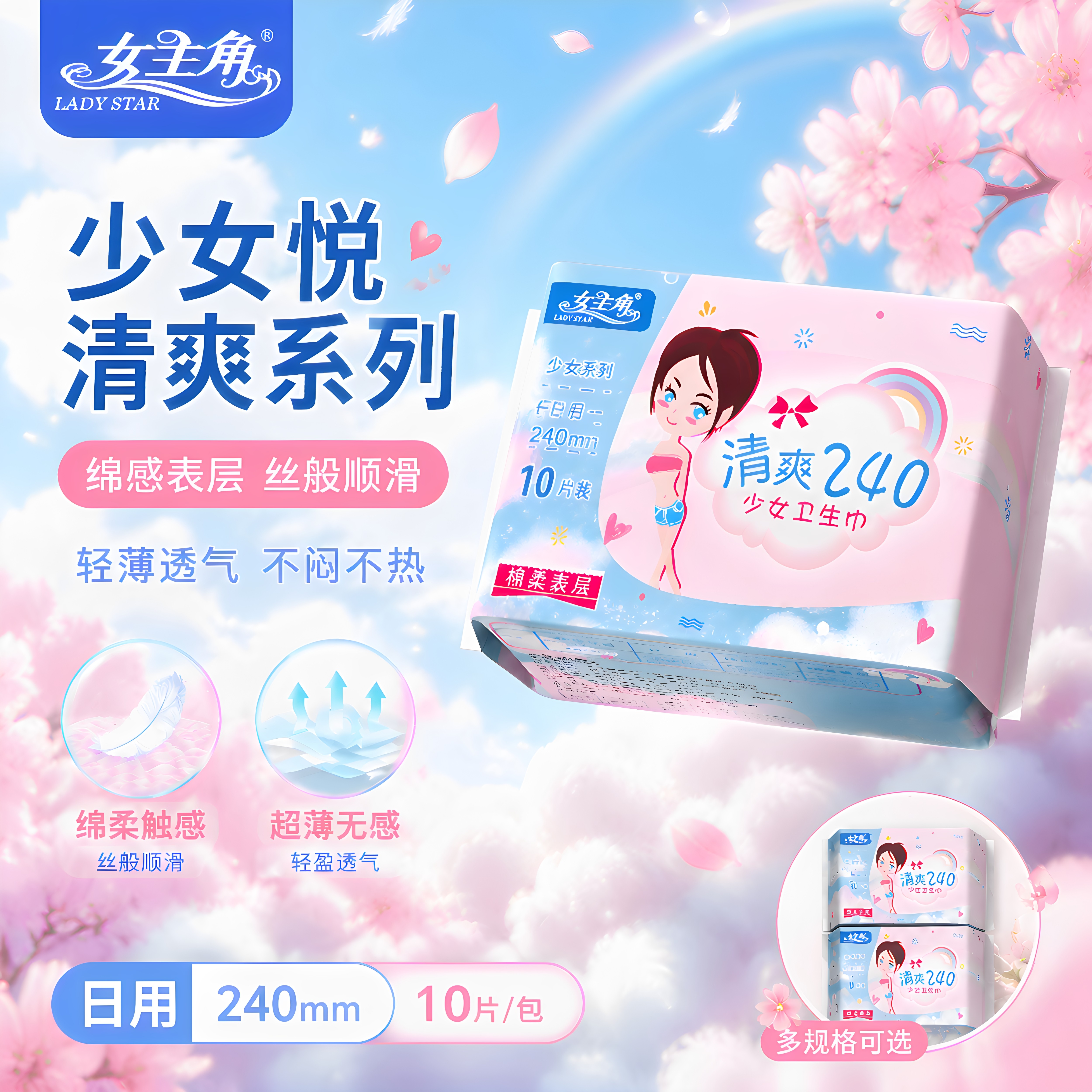 女主角少女悦240/270/310/410卫生巾云柔亲肤舒适透气少女姨妈巾