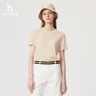 上衣 专柜正品 Hazzys哈吉斯细条纹圆领T恤女休闲通勤简约短袖