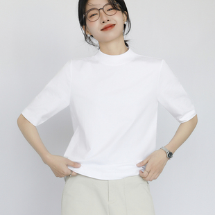 半高领T恤女短袖纯棉后缝线设计简约外穿宽松显瘦中领半袖体恤衫