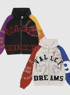 现货VALE FOREVER VALLEY复古做旧拼接贴布拉链卫衣外套美式BOXY