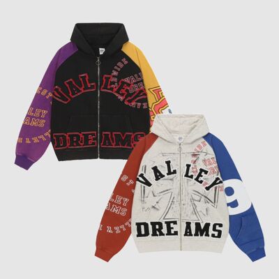 现货VALE FOREVER VALLEY复古做旧拼接贴布拉链卫衣外套美式BOXY