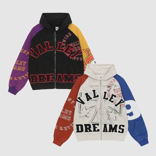 现货VALE FOREVER VALLEY复古做旧拼接贴布拉链卫衣外套美式BOXY