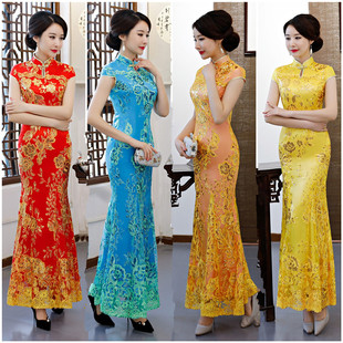 走秀演出服鱼尾旗袍修身长款婚庆礼服敬酒服新娘礼仪迎宾服加大码