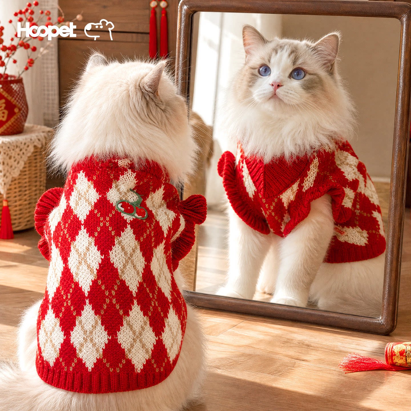 hoopet宠物圣诞毛衣猫咪针织外套秋冬红色菱格纹手工编织宠物服装