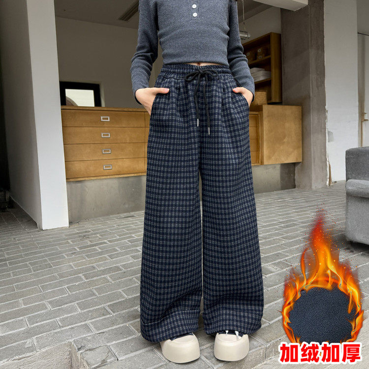 女童加绒阔腿裤格子休闲裤中大童