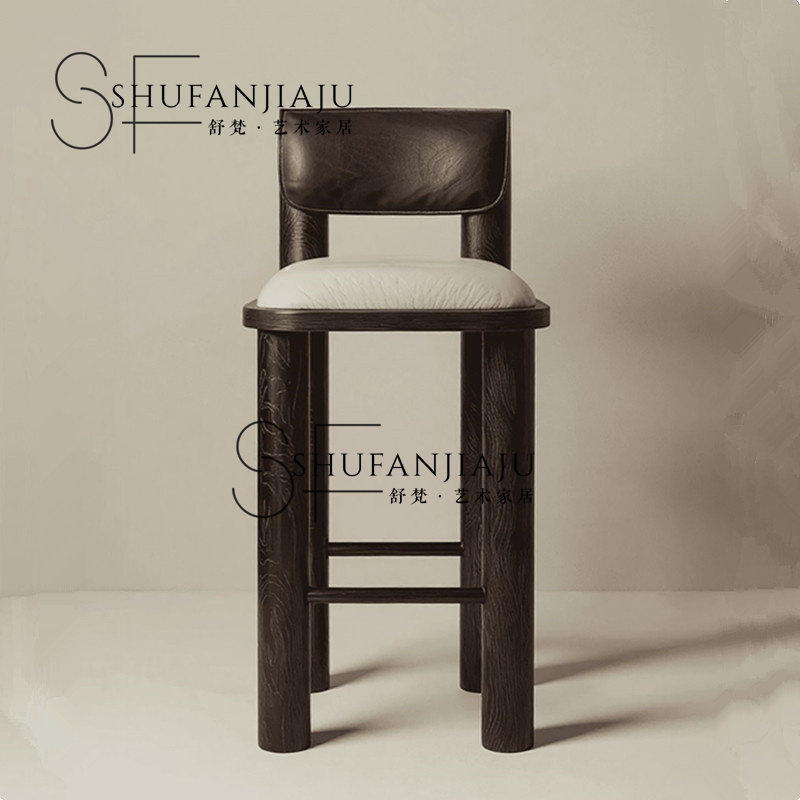 中古风复古实木吧台椅设计师创意高级感家用岛台椅现代酒吧高脚椅