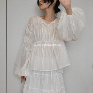 长袖 与她原创小众设计 法式 复古100支纯色棉清透泡泡袖 上衣女 衬衫