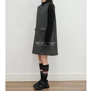 与她原创小众设计 秋冬羊毛人字纹粗花呢小香风A字宽松马甲连衣裙