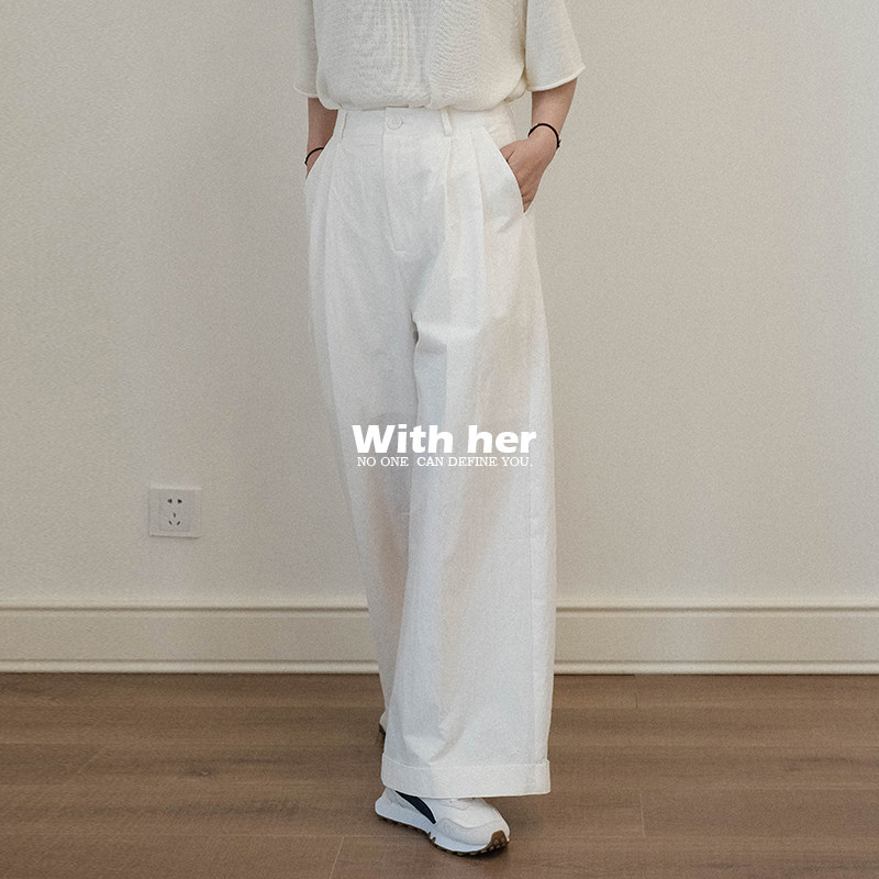 与她小众原创设计肌理感极简约米白色宽松休闲基础直筒阔腿裤长裤,女装/女士精品,休闲裤,淘宝优惠券,粉丝福利购,淘宝优惠卷