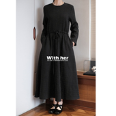 与她原创小众设计 法式 复古民族风印花小碎花连衣裙秋冬收腰长裙