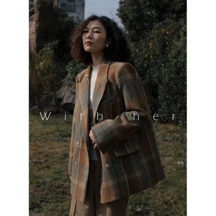 短款 双排扣羊毛呢外套女 姜黄暖色港风复古宽松大格子西装 与她新品