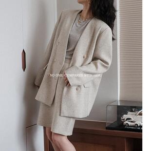 与她原创小众设计 外套女 宽肩高级感极简约毛呢双排扣V领休闲西装