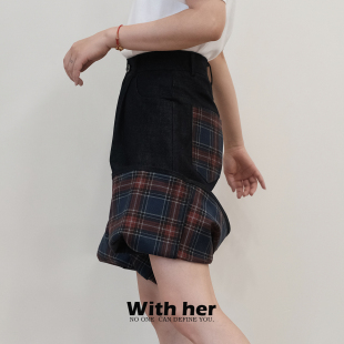 牛仔裤 与她原创小众设计 中性拼接撞色休闲豹纹格纹阔腿五分中裤