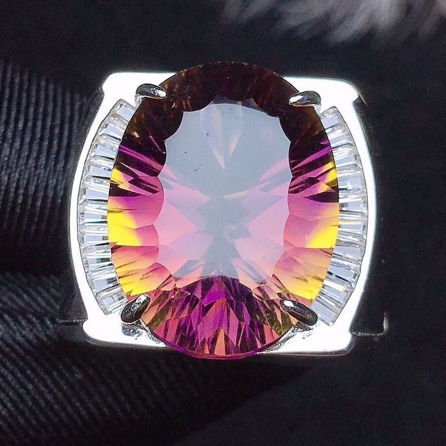 天然男士紫黄晶18k戒指 18k镶嵌紫黄晶男戒12x16mm 活口霸气款