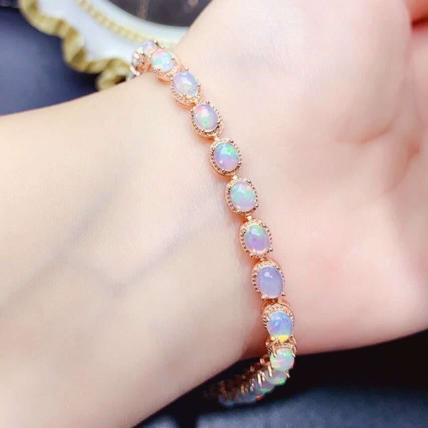 纯天然炫彩白欧泊手链纯天然欧泊满火彩925银精工镶嵌支持检测