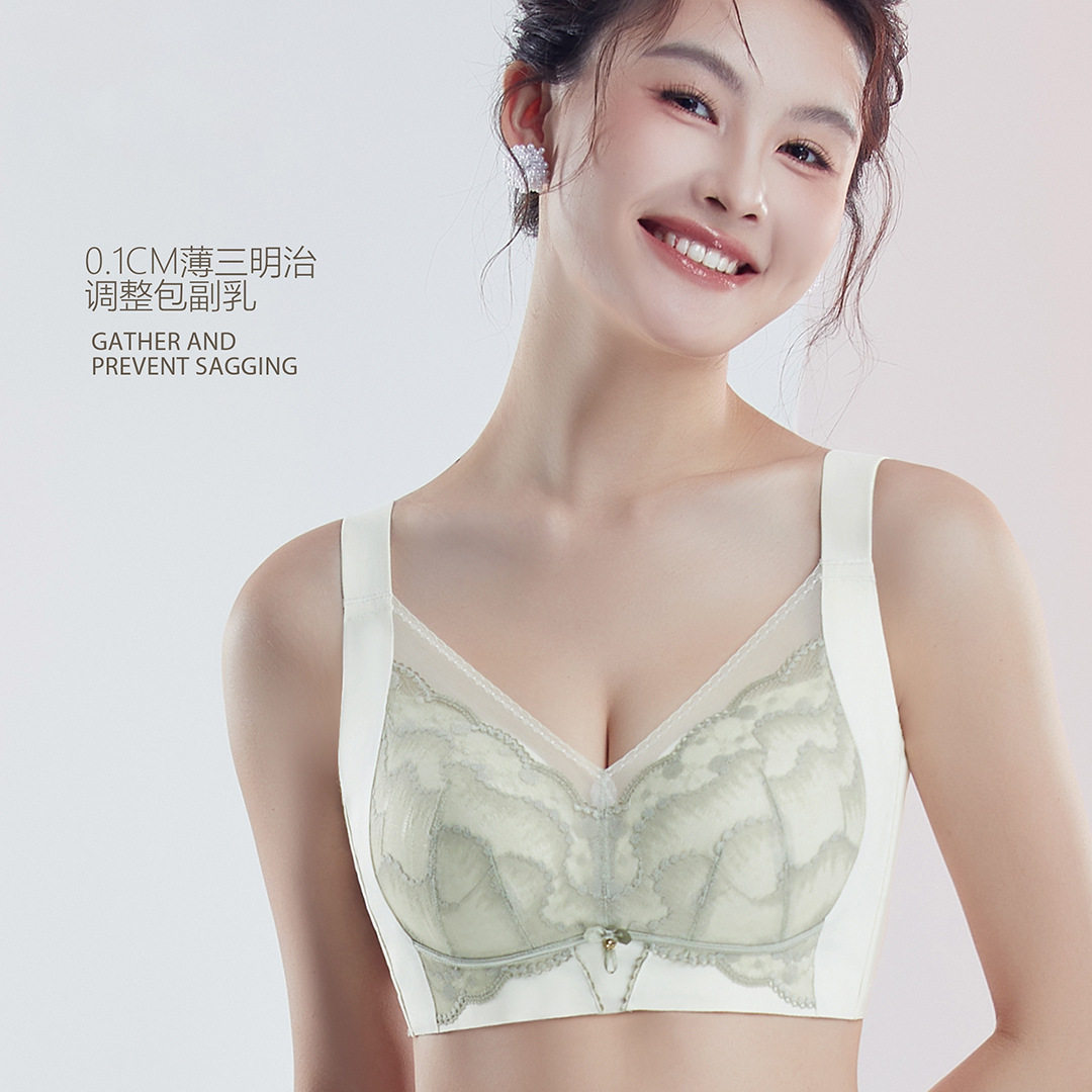 3392超薄纸片杯无钢圈内衣大胸显小调整型透气防下垂蕾丝文胸副乳