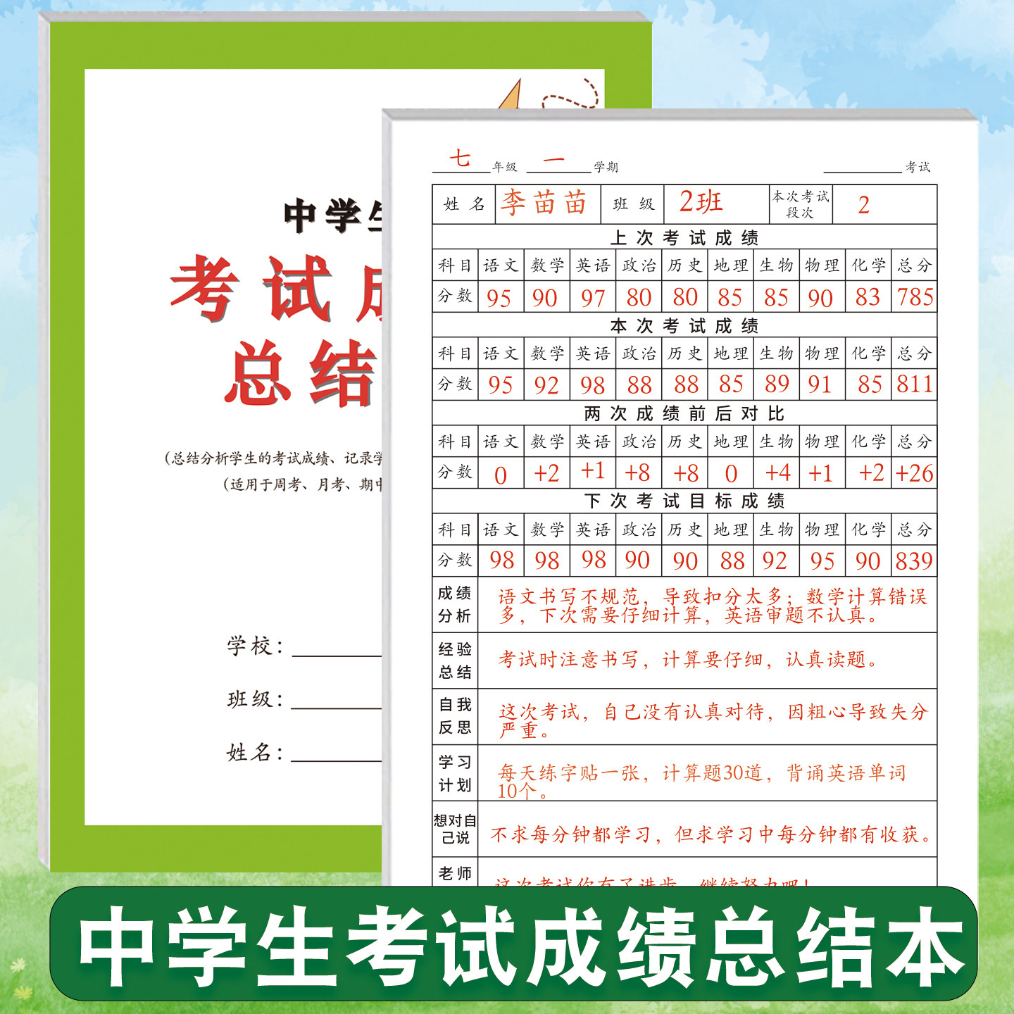 中学生考试成绩总结本小学生通用语文数学英语物化生政史地等科目成绩经验总结错误分析自我反思学习目标记录