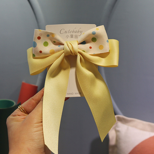洋气黄色波点气质女孩蝴蝶结长飘带后脑勺皇冠发夹女童头饰可爱韩