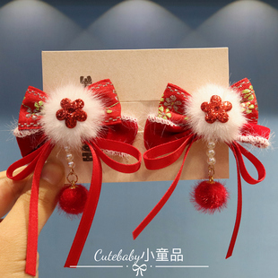 新中式国潮儿童新年发夹宝宝蝴蝶结红色发卡女童头饰秋冬头饰发饰