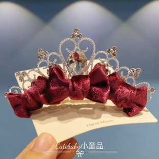 生日高级感丝绒皇冠儿童碎插梳公主头饰红色过新年头发箍女童发饰