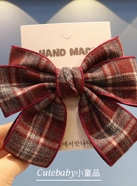 红色绿色英伦风格纹儿童大蝴蝶结发夹女童发卡头饰洋气小女孩发饰