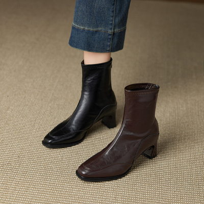 法式复古真皮方头粗跟瘦瘦靴女