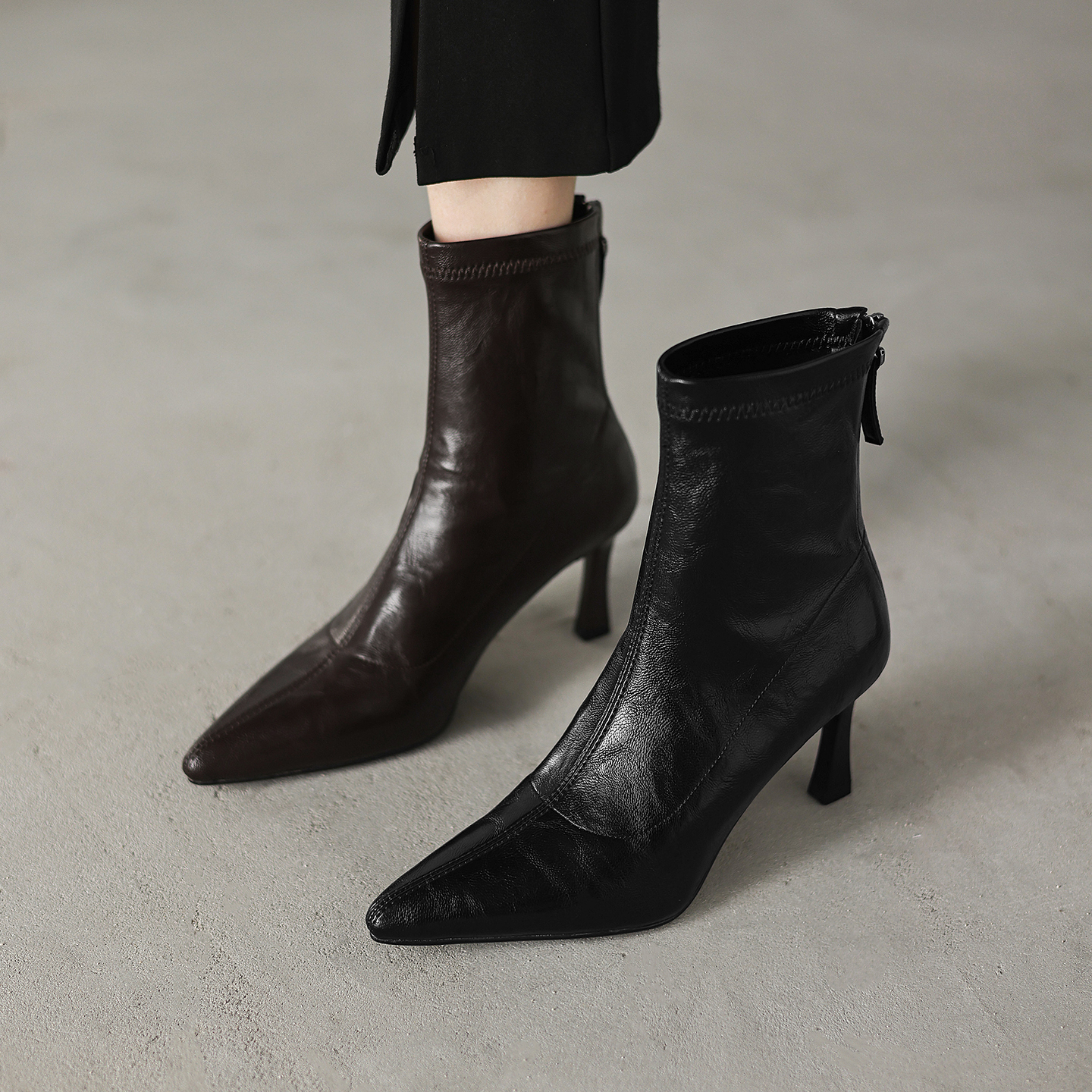 复古真皮尖头高跟弹力瘦瘦靴女