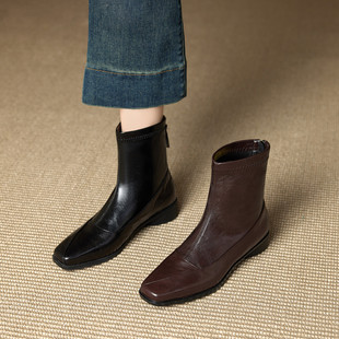 软羊皮小短靴女2025年秋冬新款气质百搭方头软底舒适平底瘦瘦靴女