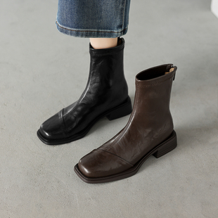 巨舒适~羊皮小短靴女2025新款真皮秋冬季加绒粗跟弹力瘦瘦靴子女