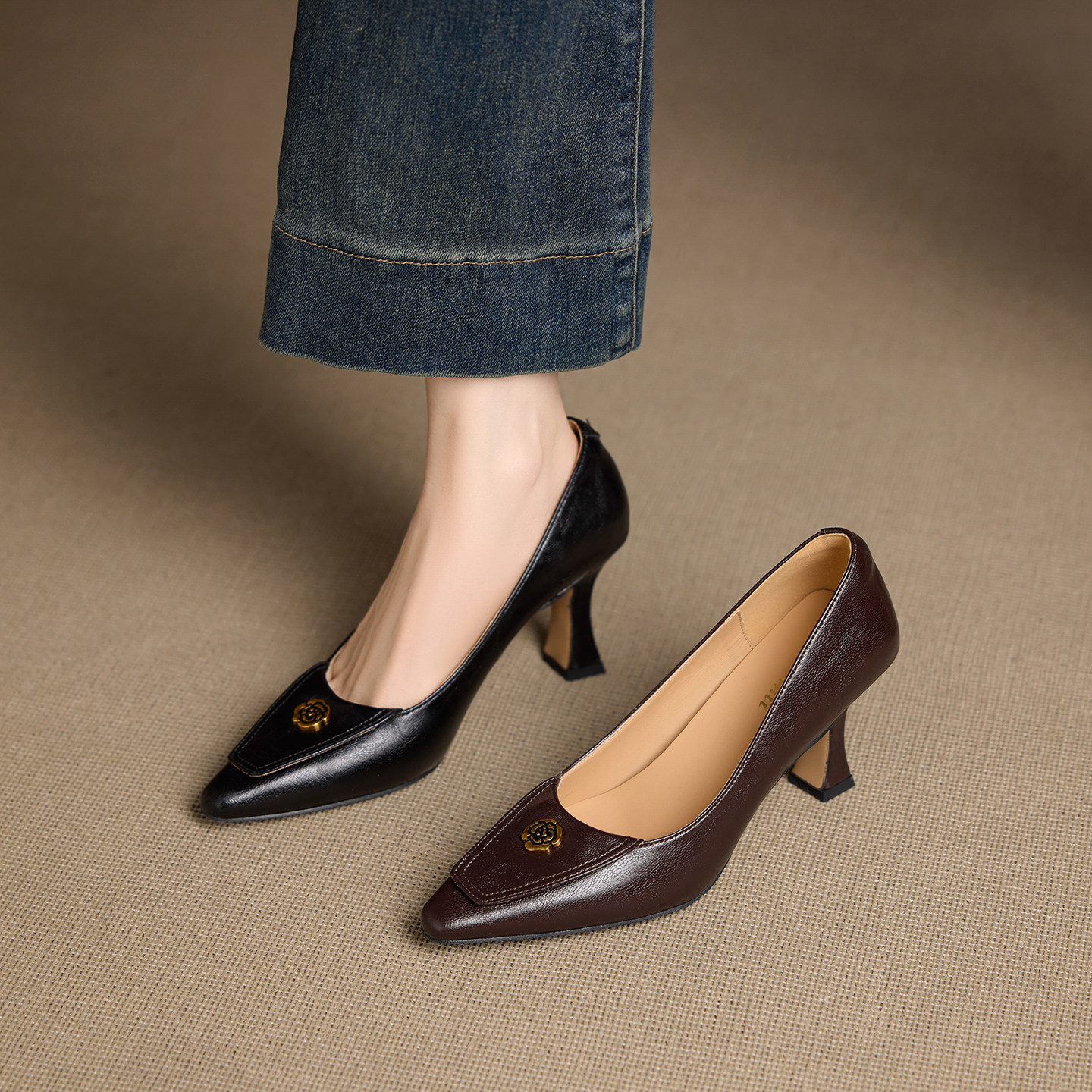 复古羊皮山茶花尖头浅口单鞋女2026春季新款软皮气质百搭高跟鞋,女鞋,浅口单鞋,淘宝优惠券,粉丝福利购,淘宝优惠卷