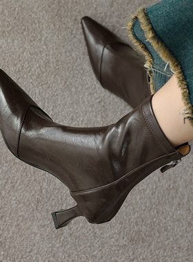 真皮高跟尖头短靴法式细跟弹力靴女2025新款百搭软皮后拉链瘦瘦靴