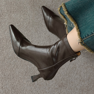 真皮高跟尖头短靴法式 百搭软皮后拉链瘦瘦靴 细跟弹力靴女2025新款