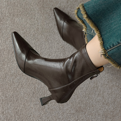 真皮高跟尖头软皮细跟弹力靴女