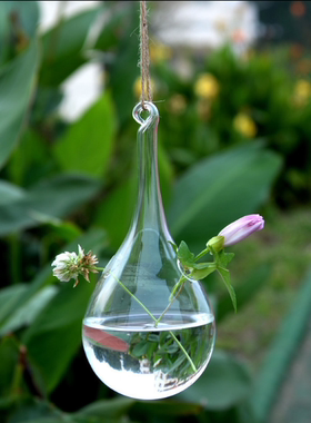 水晶透明玻璃花瓶悬挂式创意水滴型吊球花瓶插花工艺品