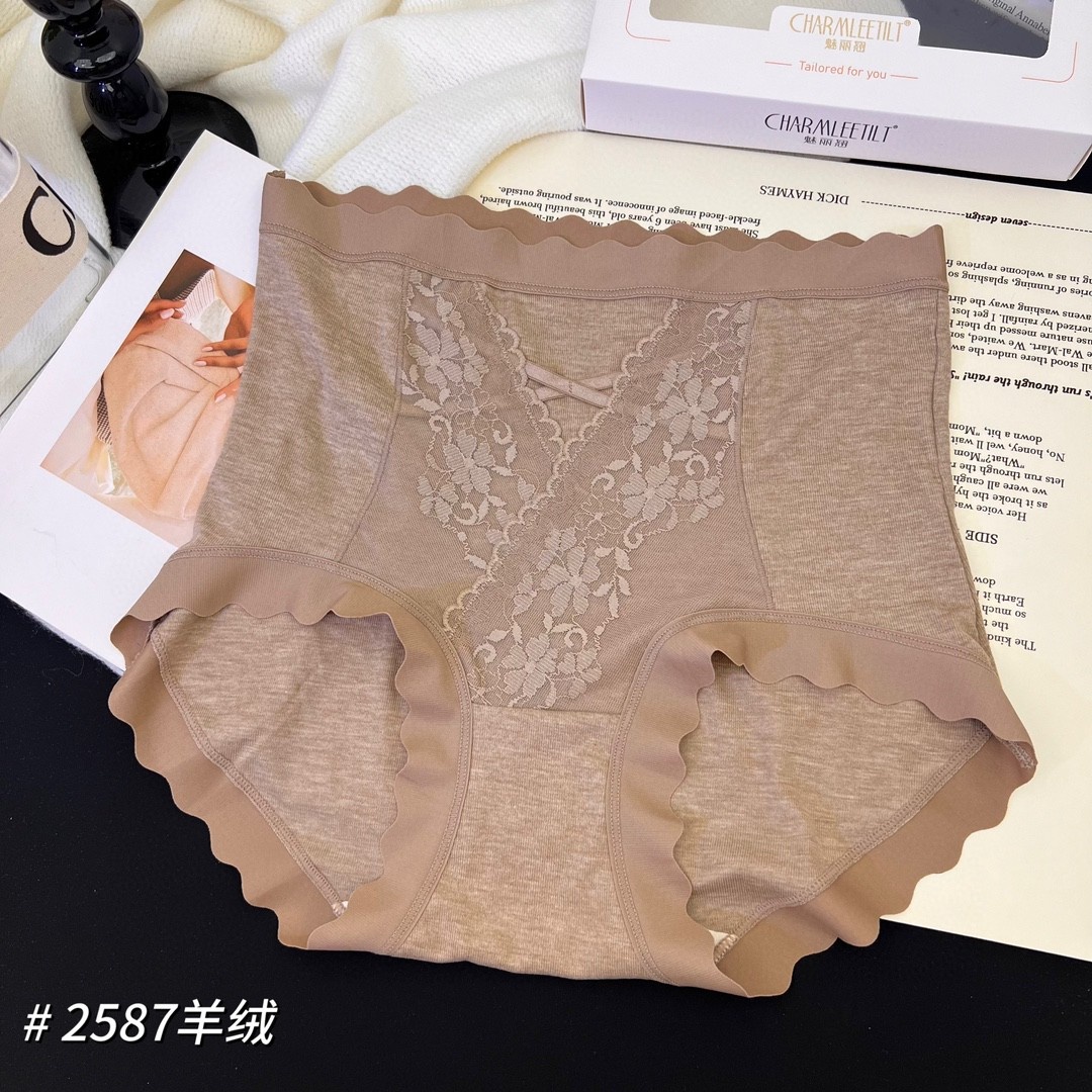 魅力翘2587春秋羊绒磨毛内裤女全棉蚕丝内裆高腰暖宫裤头全包臀