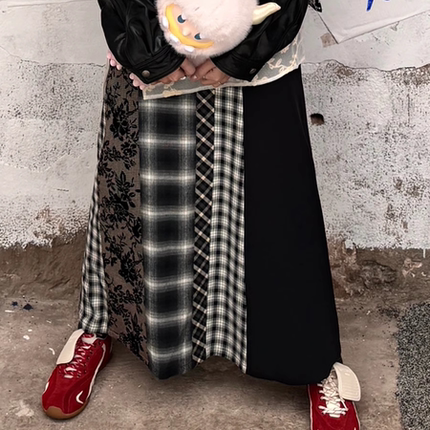 【现货】高腰a字裙2025新款春季复古拼接长款显瘦格子半身裙女