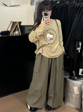 「现货」k*tty方程式】长袖印花T恤女秋韩系猫咪斜肩外穿上衣