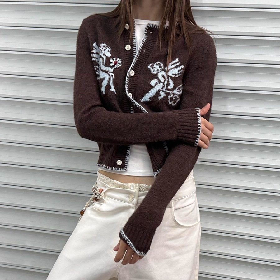 【现货】秋季新款丘比特提花手工钉花锁边针织毛衣开衫女上衣,女装/女士精品,毛衣,淘宝优惠券,粉丝福利购,淘宝优惠卷