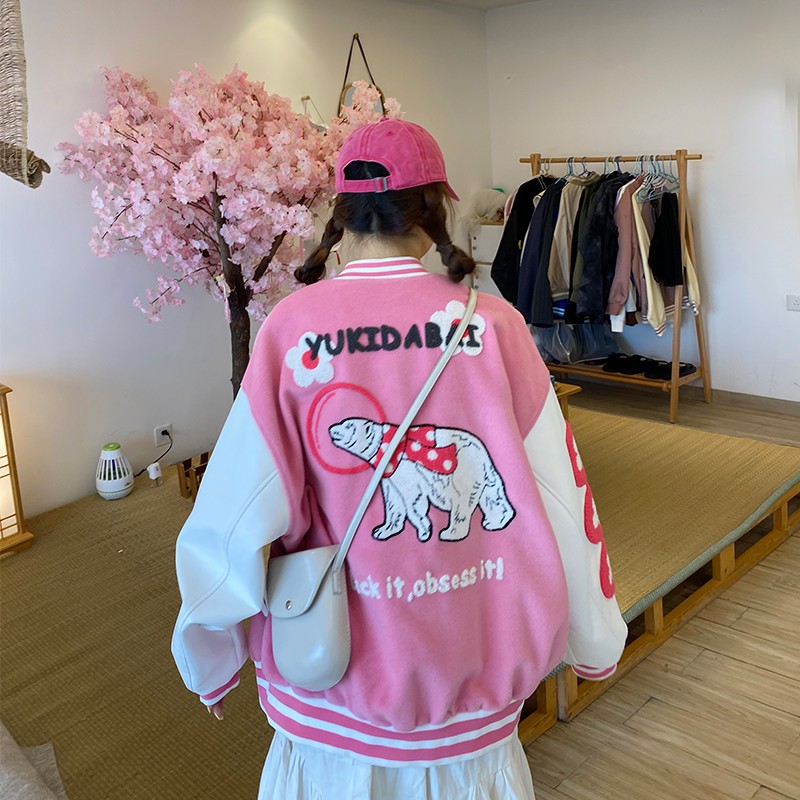 【现货】 棒球服女春秋新款百搭韩版复古小熊拼色oversize外套潮
