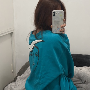 现货 美式 飞鸟 复古天蓝立体印花 休闲T恤女230g中性 毕加索