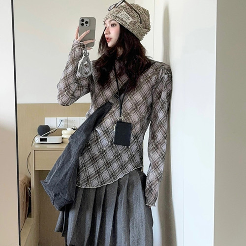 「现货」复古设计格纹透纱褶皱显瘦修身上衣春夏轻薄百搭辣妹衫